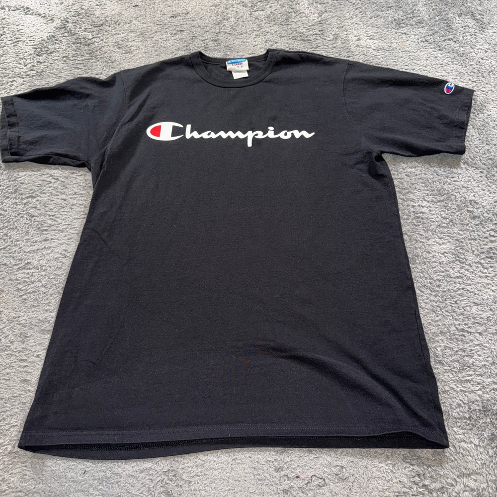 Champion T Shirt Mens XL Black Cotton Script Logo Crew Neck Short Sleeve Tee